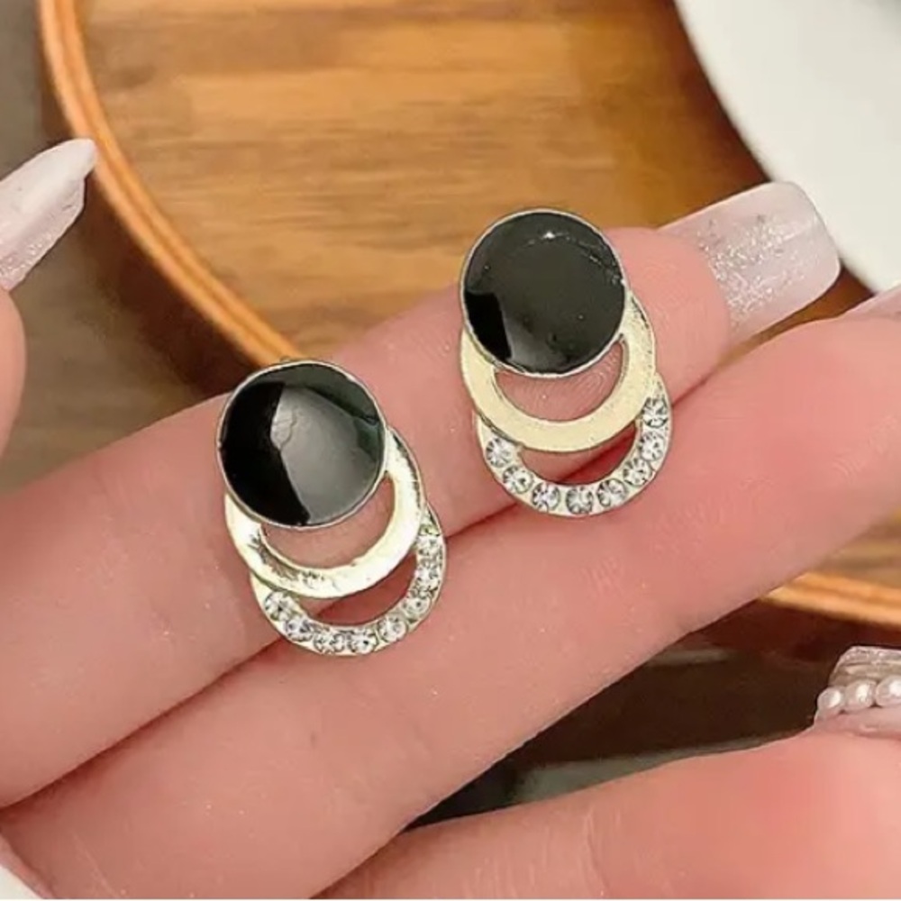 Diamond Triple Circle Black Gold Toned Stud Earrings